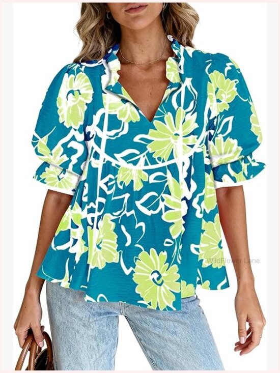 Tops - Ruffle Puff Sleeve V Neck Babydoll Tunic Top Blouse Boho Floral Peplum Shirt